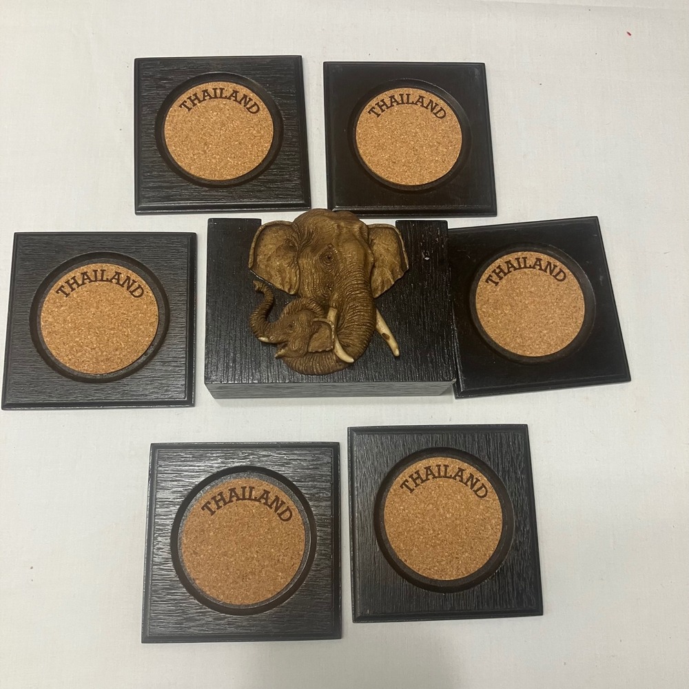 Vintage Thailand Wood Cork Coaster Set 6pc with 3D Elephant Holder Dark Brown